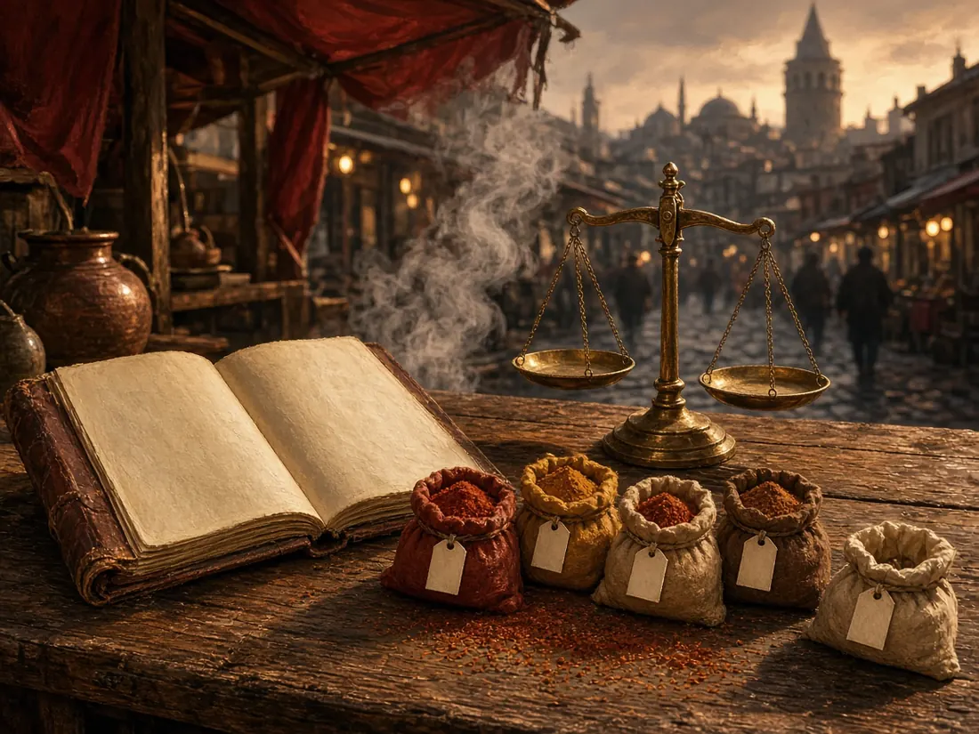 Açık bir defter, cep terazisi ve beş küçük bez kese